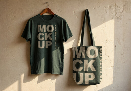 Green T-Shirt and Tote Bag Mockup on Grunge Beige Wall