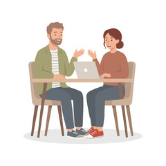 Obraz premium flat vector image illustration of a man and a woman talking and sitting with a laptop