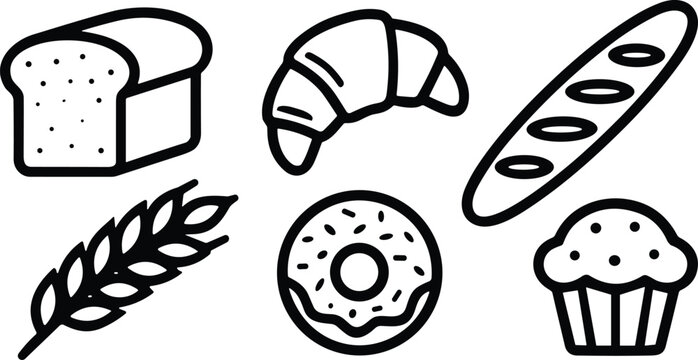 Collection of bakery products icons, bread loaf, croissant, baguette, wheat stalk, donut and muffin for bakeshop marketing and SEO