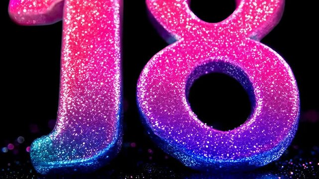 Glowing number 18 rising with pink and blue glitter on a black background. Cinematic 4K video for 18th birthday celebration, coming of age party, graduation, and youth marketing. 3D render.
