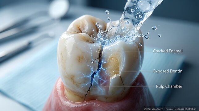 A close-up 3d rendering of a sensitive tooth with cracked enamel showing thermal response illustration.