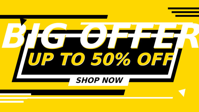 Vibrant yellow big offer discount banner with 50 off text and shop now call to action button