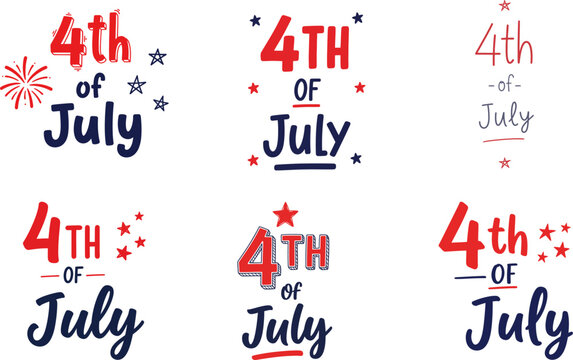 4th of July buta typography set with red, white and blue patriotic lettering and fireworks