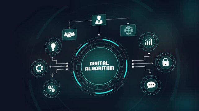 Digital algorithm concept with futuristic technology interface, structured business process and automated data systems.