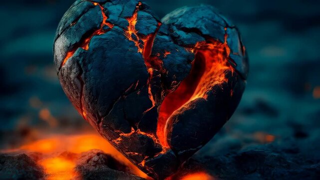 Broken stone heart with glowing fire lava texture inside cracks. Abstract conceptual metaphor for burning passion, heartbreak emotional pain, volcanic energy and power, 3d render.