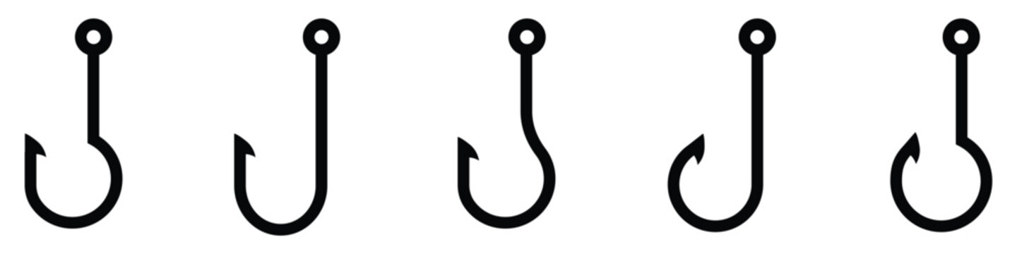 Set of five various black outline fishing hook icons representing angling equipment and outdoor hobby sports activity