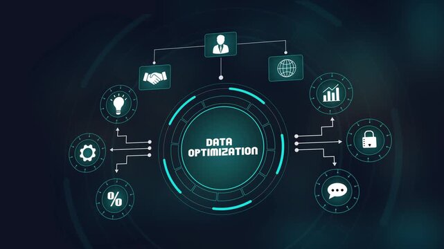 Data optimization concept with futuristic digital interface, integrated business analytics and corporate workflow metrics.