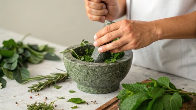 A person uses a granite mortar and pestle to crush fresh herbs on a kitchen countertop with various green leaves nearby.