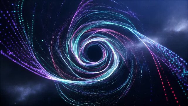 Vibrant purple and blue swirling lights create a mesmerizing spiral pattern in space.