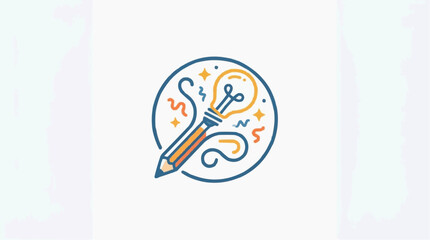 Naklejka premium An artistic emblem featuring a lightbulb combined with a pencil, symbolizing creativity and innovation. The design incorporates curved lines and star-like elements.