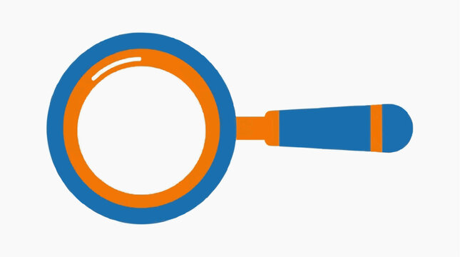 A magnifying glass, blue and orange color, symbolizing search and exploration. A close-up shot of a magnifying glass