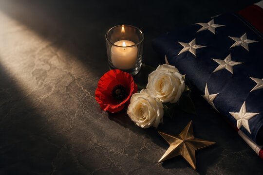 Folded American flag with white roses, red poppy, and burning candle on dark stone background. Memorial Day, Veterans Day, and July 4th concept. Symbolic tribute to fallen soldier and patriotism