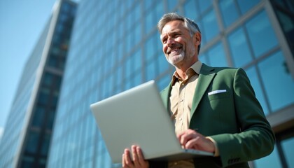 Fototapeta premium Elderly man with grey beard holds laptop outside modern office building. He wears green suit, smiles happily. Successful businessman works outdoors, uses notebook computer.