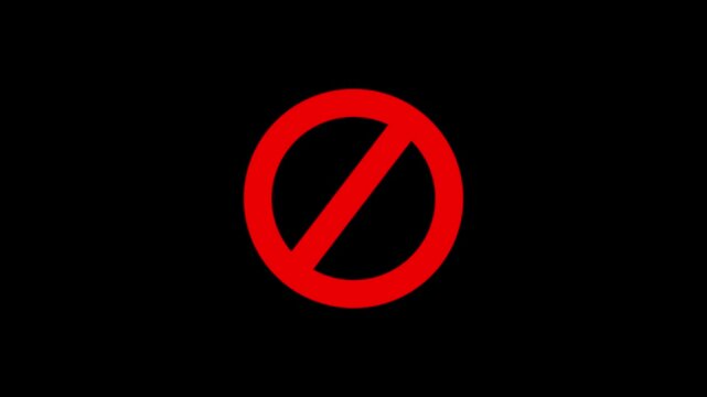 Warning, stop or no entry forbidden red circle on black background. Animation of delete, denied, ban or block icon animated.