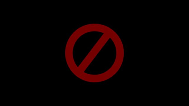 Warning, stop or no entry forbidden red circle on black background. Animation of delete, denied, ban or block icon animated.