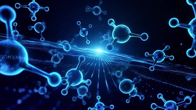 Glowing blue molecules emit light in a dark space with science concepts.
