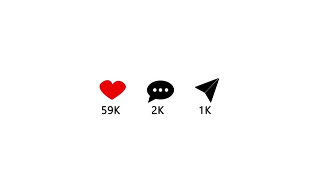 Viral content animation. Like comment and share social media animation reel count on white screen.