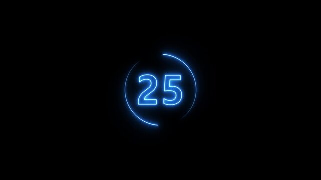 Glowing neon circle countdown timer 30 seconds animation isolated on black background