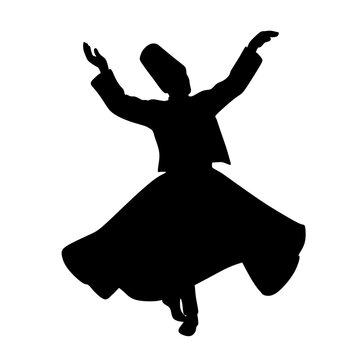 vector illustration black silhouette of a Sufi whirling dervish in a traditional tall hat and flowing skirt, performing a spiritual dance against a white background