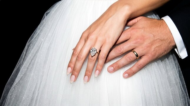 High-fashion editorial close-up of a bride's hand with a pear-cut diamond ring and groom's hand with a gold band over a white tulle wedding dress