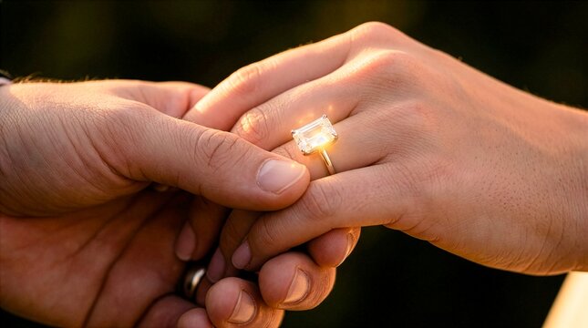 Extreme macro shot of a sparkling diamond ring on a woman's hand held by a man during a romantic golden hour proposal.