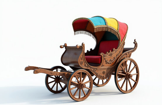 Antique carriage with rich wooden carvings and bright colorful canopy. Ornate passenger transport with plush red seats. Horse drawn vehicle rests on white background.