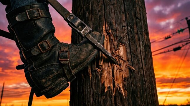 Dedicated utility worker's boot and climbing spur firmly grip a weathered wooden power pole, silhouetted against a breathtaking orange and purple sunset sky