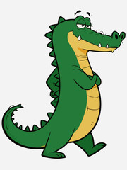 Fototapeta premium Cartoon crocodile stands with arms crossed and a smirk in a simple background