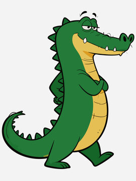 Cartoon crocodile stands with arms crossed and a smirk in a simple background
