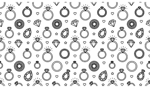 Minimal seamless wedding jewelry pattern with diamond icons engagement rings and hearts monoline design