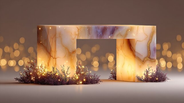 Illuminated alabaster pedestal creates a warm, festive display setup