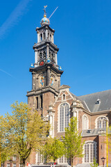 Fototapeta premium Westertoren tower of Westerkerk church in Jordaan district, Amsterdam, Netherlands