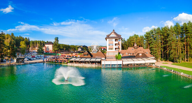 Aerial view of Zlatibor Lake in the resort town, Serbia