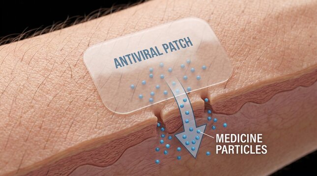 An antiviral patch releasing medicine particles into the skin is shown in a detailed illustration