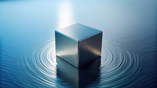 A brushed metal cube floats serenely on a tranquil surface, creating concentric ripples of calm reflection