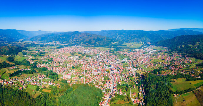 Aerial view of Bajina Basta town and green valley in Serbia