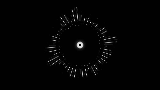 White circular audio spectrum visualizer with radiating lines on a black background, representing sound waves and digital frequency.