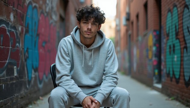 Young man wearing grey hoodie and sweatpants sits on chair in urban alley. Brick walls covered in colorful graffiti surround him. He has curly dark hair and a calm expression.
