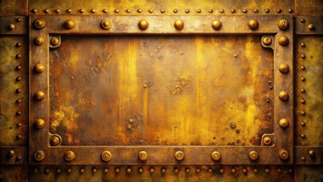 Rustic Gold Metal Panel with Aged Brass Accents and Industrial Rivets A Decorative Background Texture