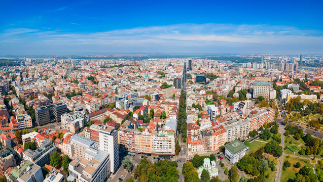 Aerial view of Slavija Square with fountain in Belgrade, Serbia