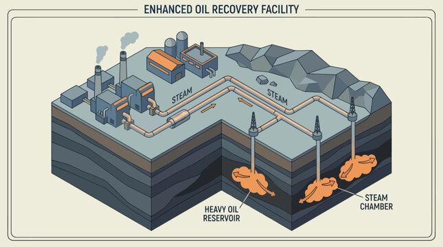 Enhanced Oil Recovery Facility Illustration Showing Steam Injection Process.
