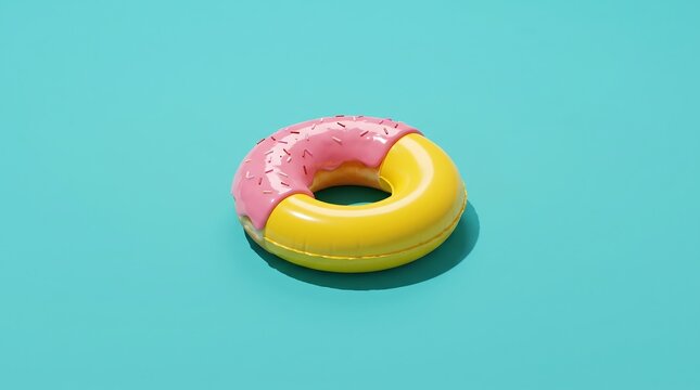 Pink glazed donut with sprinkles seamlessly merges into a bright yellow inflatable pool float ring as a single hybrid object, isolated against a teal background
