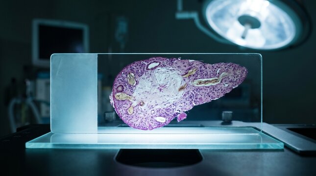 A microscopic slide showing a histological section under an operating room light