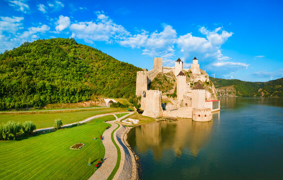 Aerial view of Golubac Fortress on Danube river in Serbia