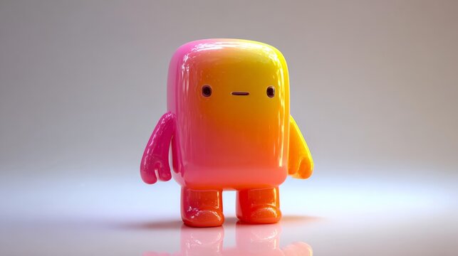 Small toy figure with soft gradient colors. Pink to yellow fade across its body. Simple face with two dot eyes and flat mouth. Cute, minimalist design for playful settings