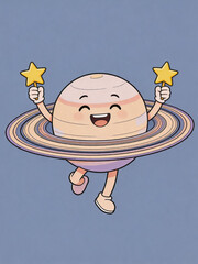 A whimsical cartoon illustration of a joyful Saturn planet character, dancing while holding two star wands, with its iconic planetary rings. © hakule
