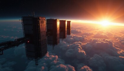 Fototapeta premium Orbital data center modules float above Earth clouds during sunset. Futuristic space station complex provides global information network. High tech space architecture glows against bright sun.