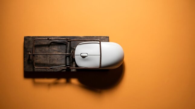 White wireless computer mouse caught in a wooden spring mousetrap on an orange background representing concepts of digital traps and technology addiction