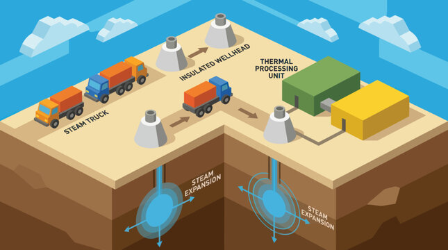Geothermal energy production process illustration with steam wells and processing plant.