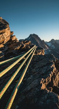 Brightly colored nylon climbing rope stretched tightly across rugged mountain terrain, symbolizing safety, ascent, challenge, and the final push toward the peak ,sport ,lifeline ,dynamic